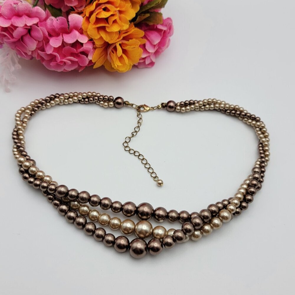 Vintage Simulated Copper Pearl Necklace 20 in Gold Tone 3-Strand Torsade